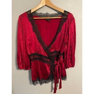 Bebe Womens Large Red Black Silk Lace Wrap Top Floral Print Bow Romantic Y2K